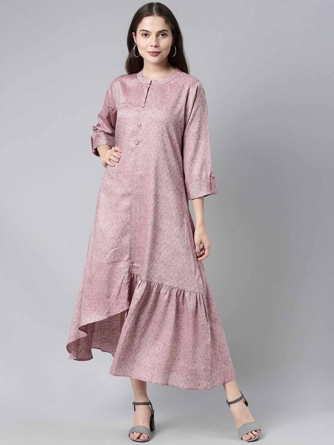 

AHIKA Mauve & White Printed Asymmetric Hem Maxi Dress