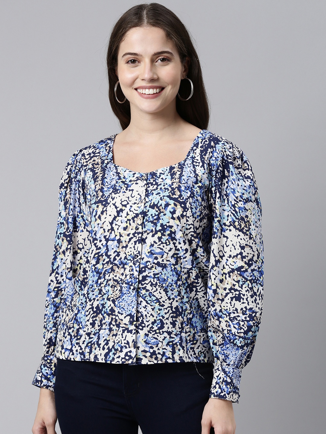 

AHIKA White & Blue Crepe Shirt Style Top