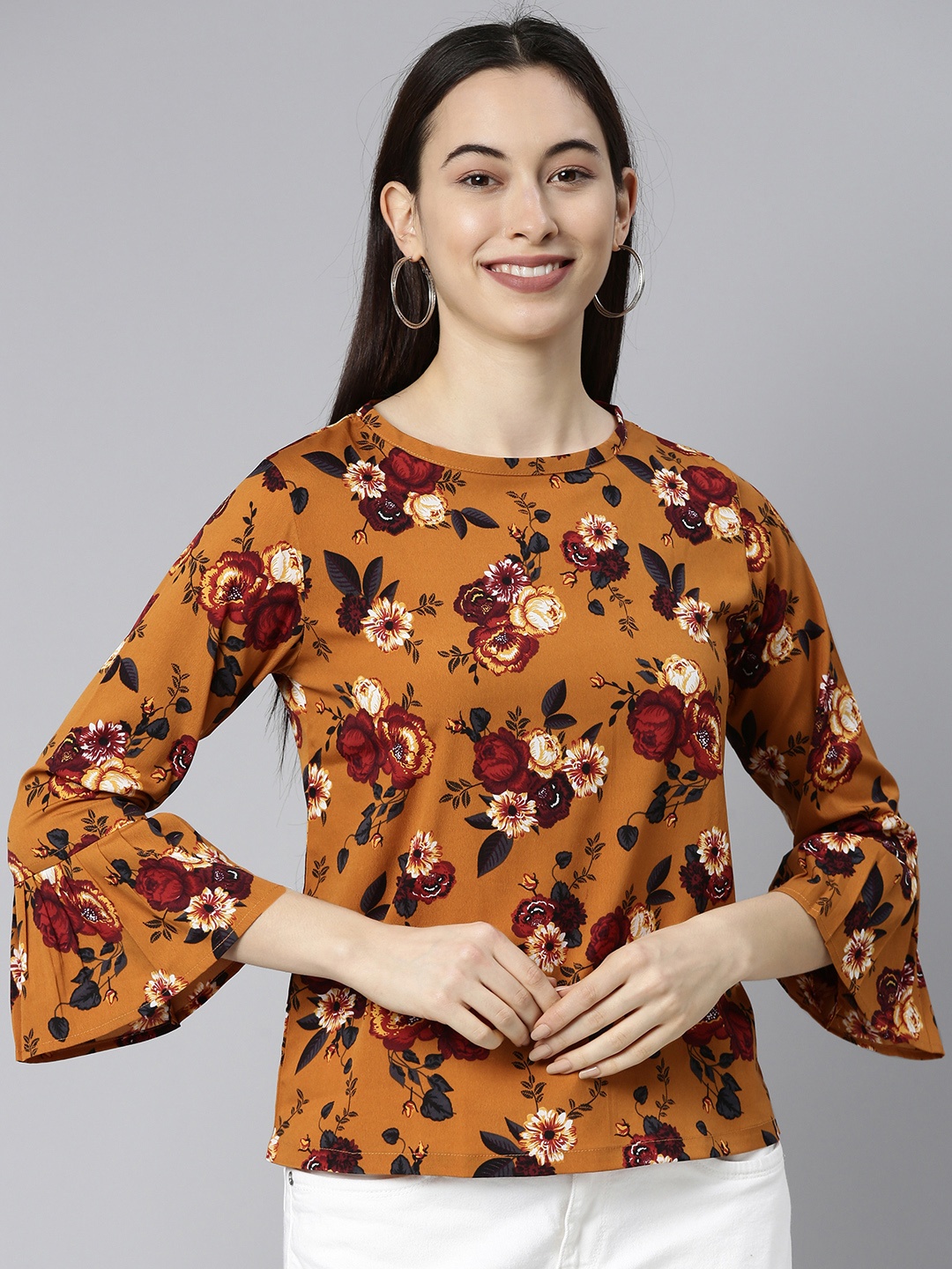 

AHIKA Brown Floral Georgette Regular Top