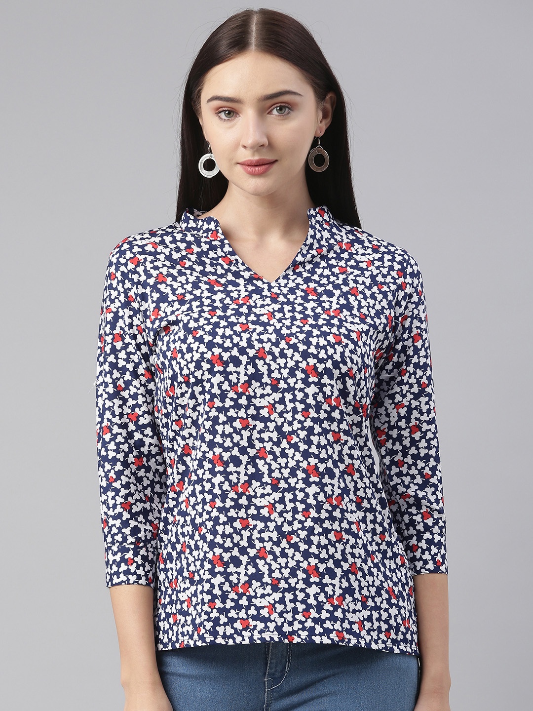 

AHIKA Women Navy Blue & White Printed Georgette Regular Top