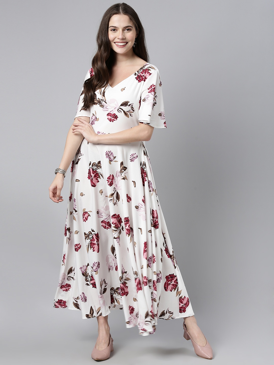 

AHIKA White & Pink Floral Printed Flared Sleeve Maxi Dress with Gathers