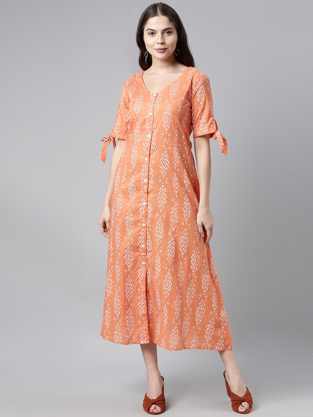 

AHIKA Women Orange & White Printed A-Line Dress