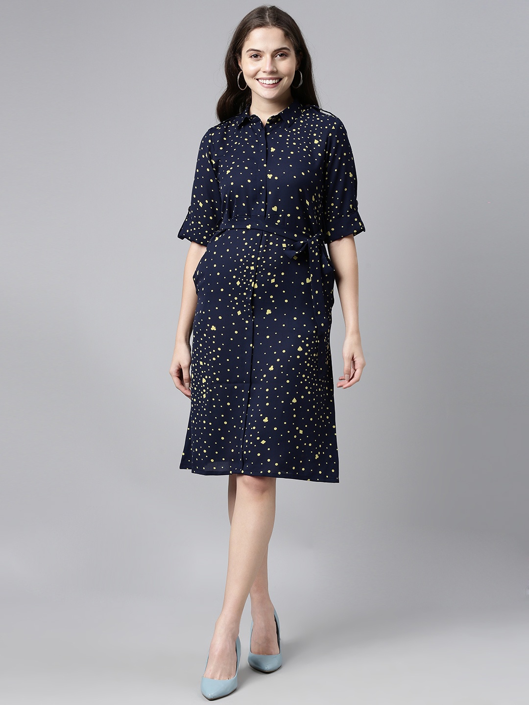 

AHIKA Navy Blue Georgette Geometric Printed Sheath Dress With Belt