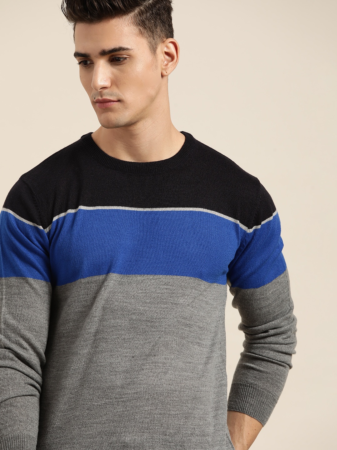 

INVICTUS Men Grey Melange & Blue Colourblocked Pullover