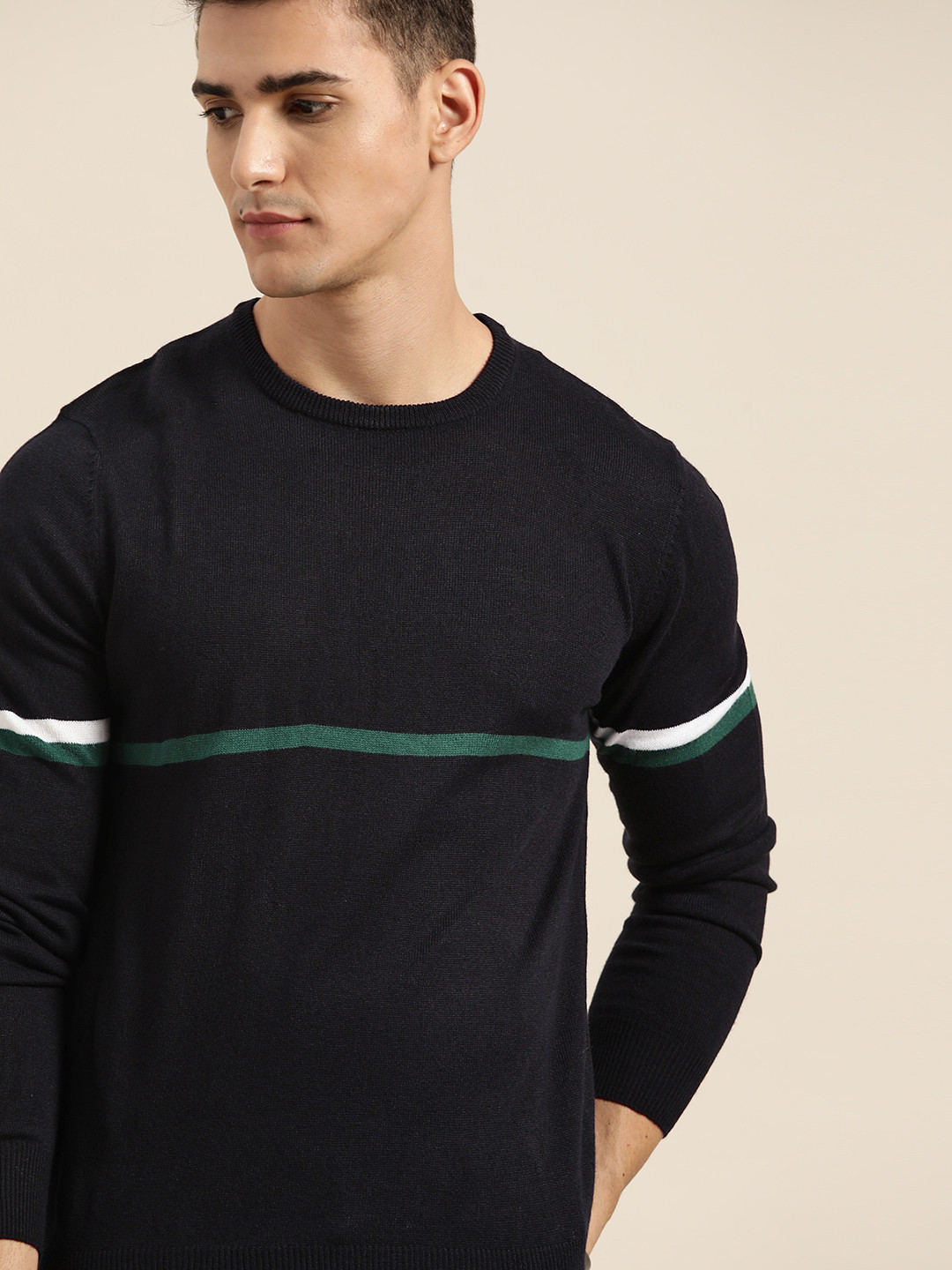 

INVICTUS Men Navy & Green Striped Pullover, Navy blue