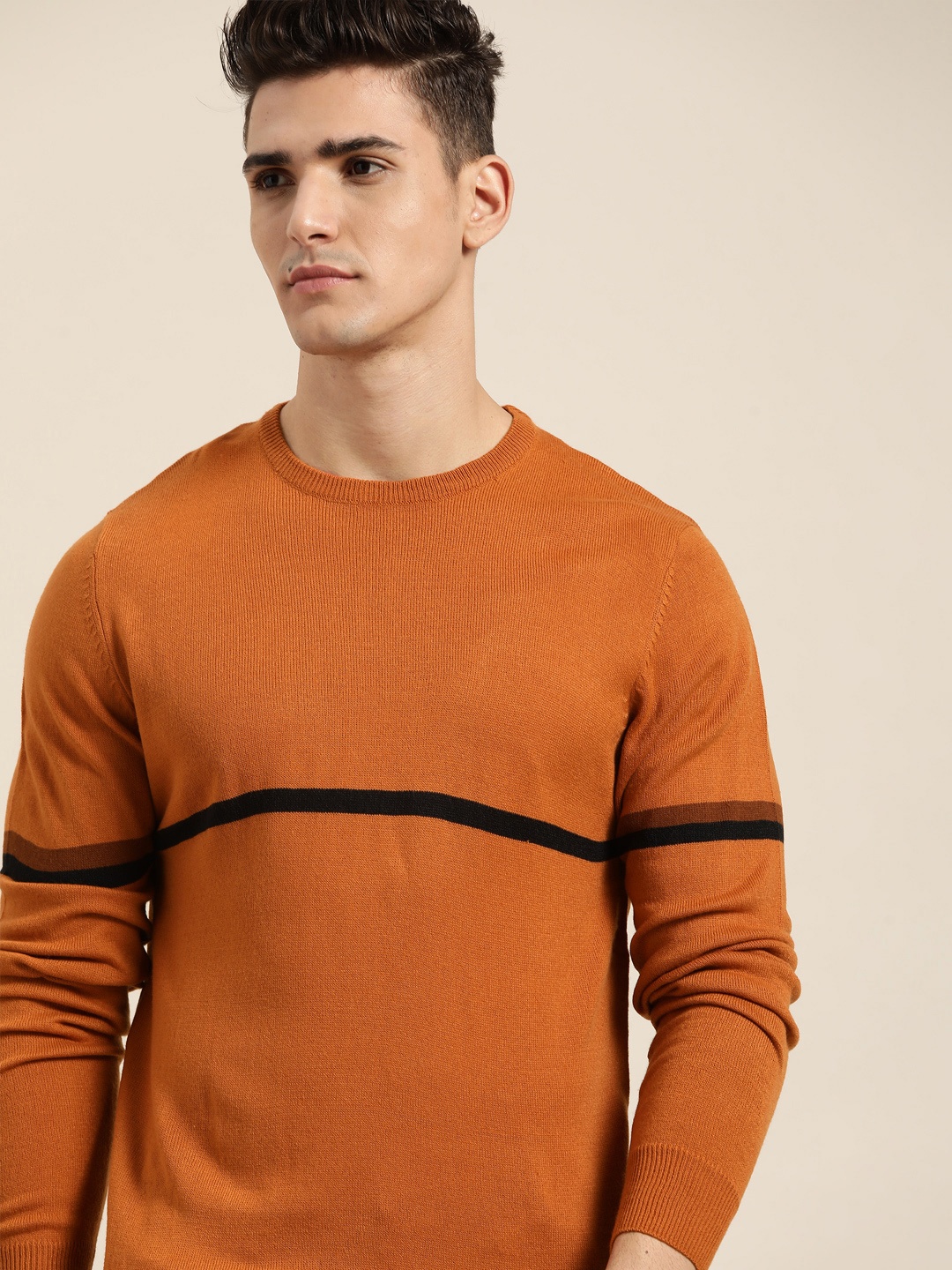 

INVICTUS Men Rust Orange & Black Striped Pullover