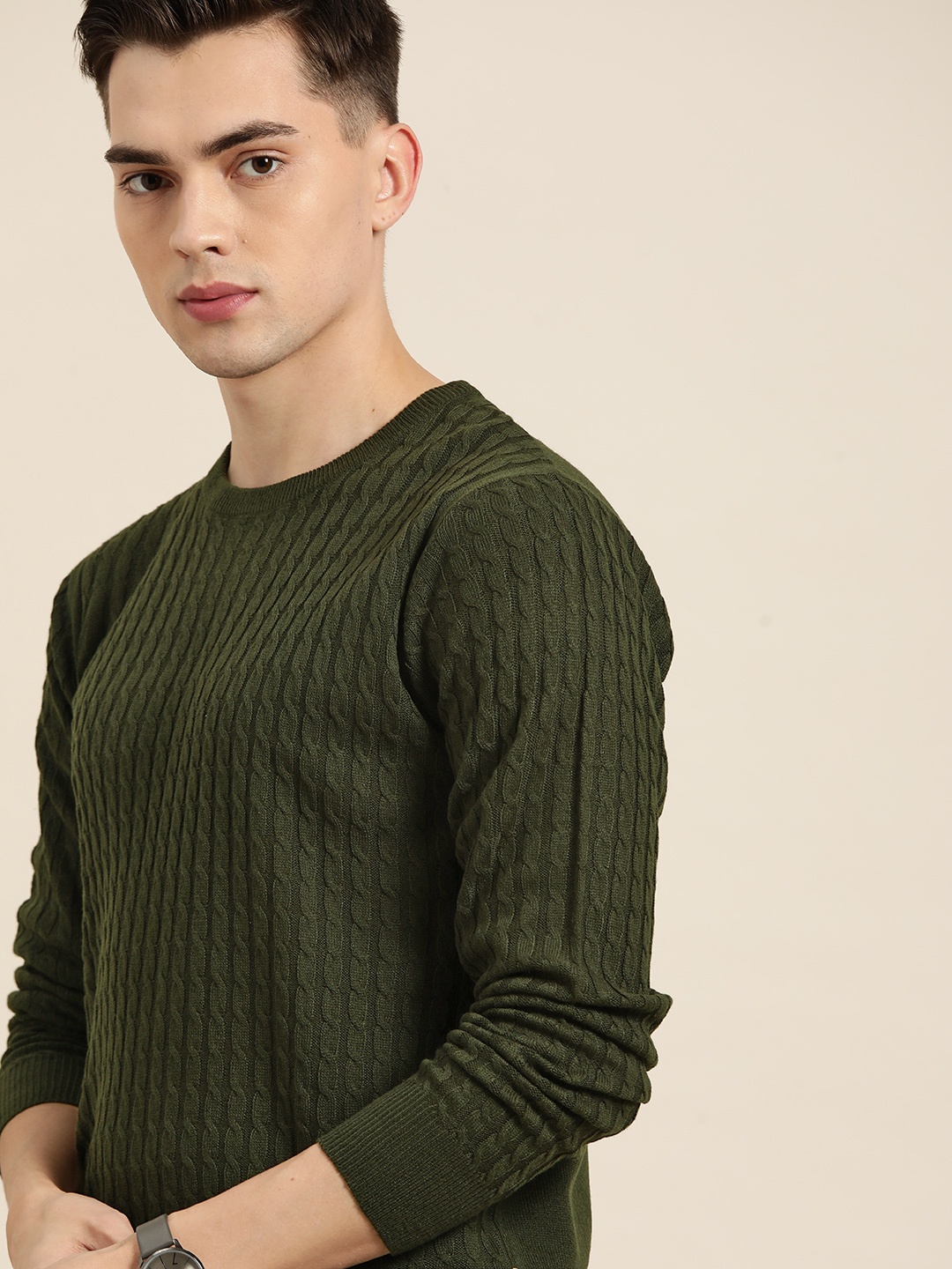

INVICTUS Men Olive Green Cable Knit Pullover