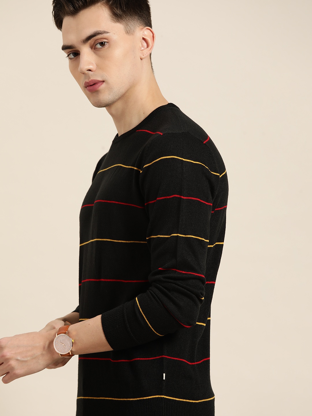 

INVICTUS Men Black & Mustard Yellow Striped Pullover
