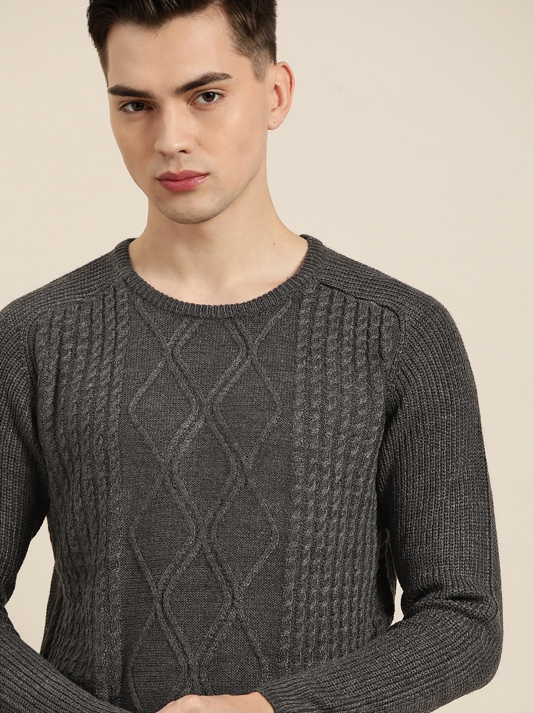 

INVICTUS Men Charcoal Grey Cable Knit Pullover