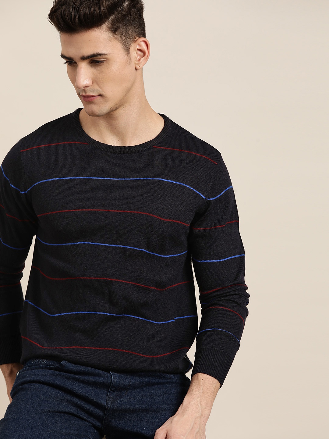 

INVICTUS Men Navy Blue & Red Acrylic Striped Pullover