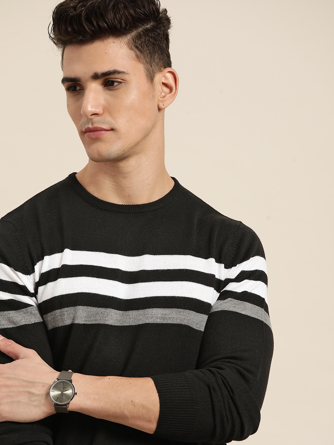 

INVICTUS Men Black & White Striped Pullover