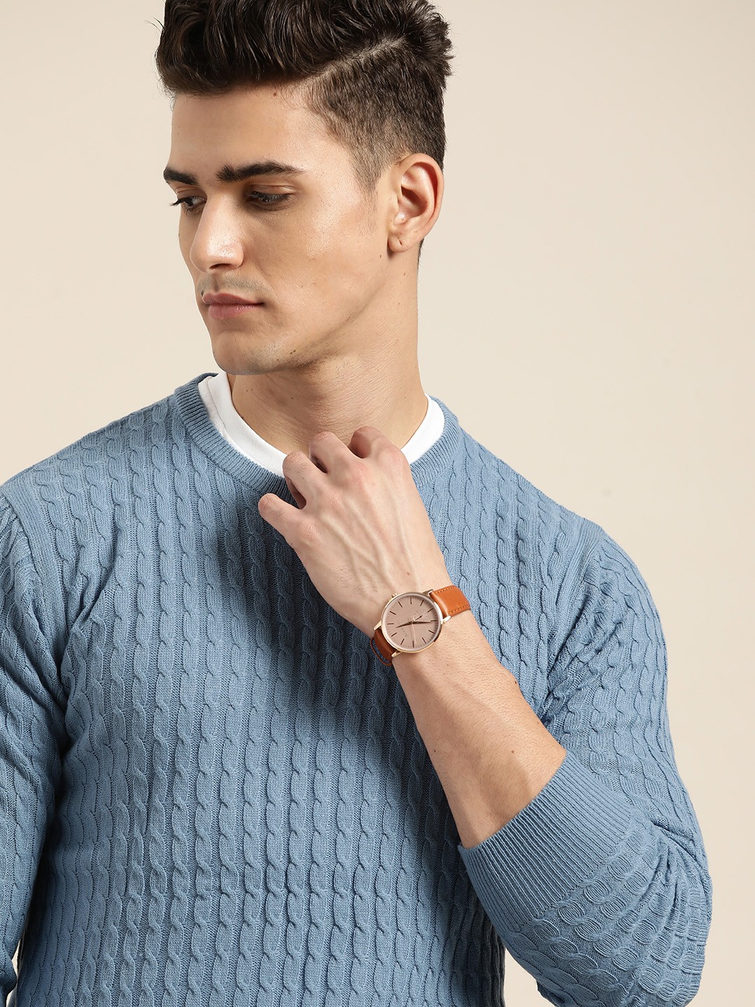 

INVICTUS Men Blue Cable Knit Pullover
