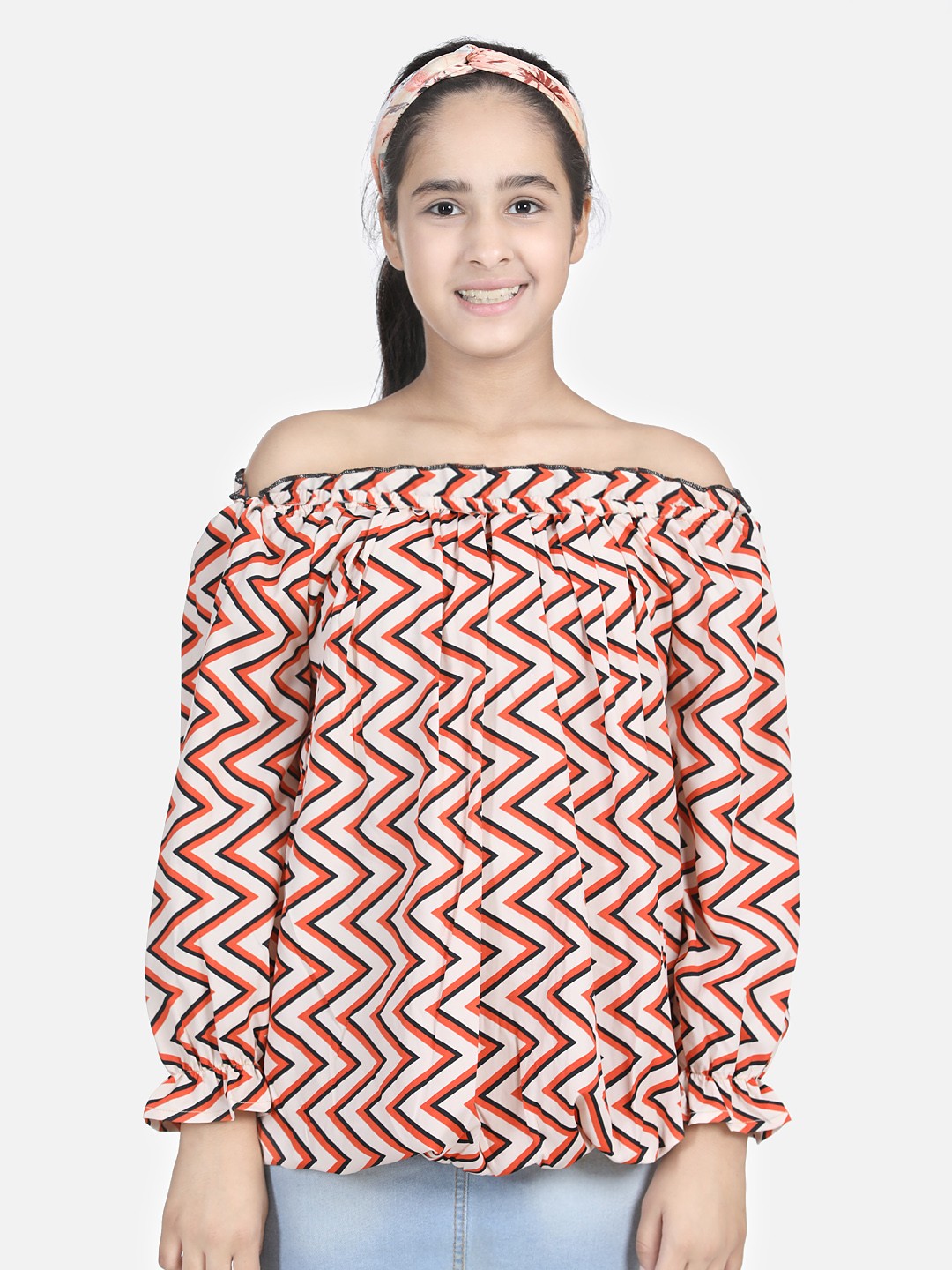 

Cutiekins Multicoloured Geometric Off-Shoulder Crepe Bardot Top, Multi