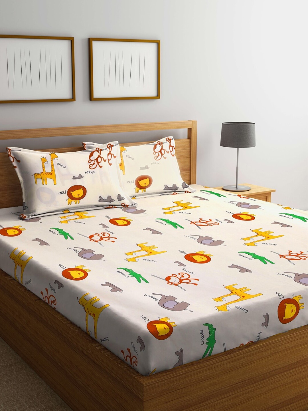 

Multicoloured Cartoon Printed 300 TC 1 King Bedsheet with 2 Pillow Covers, White