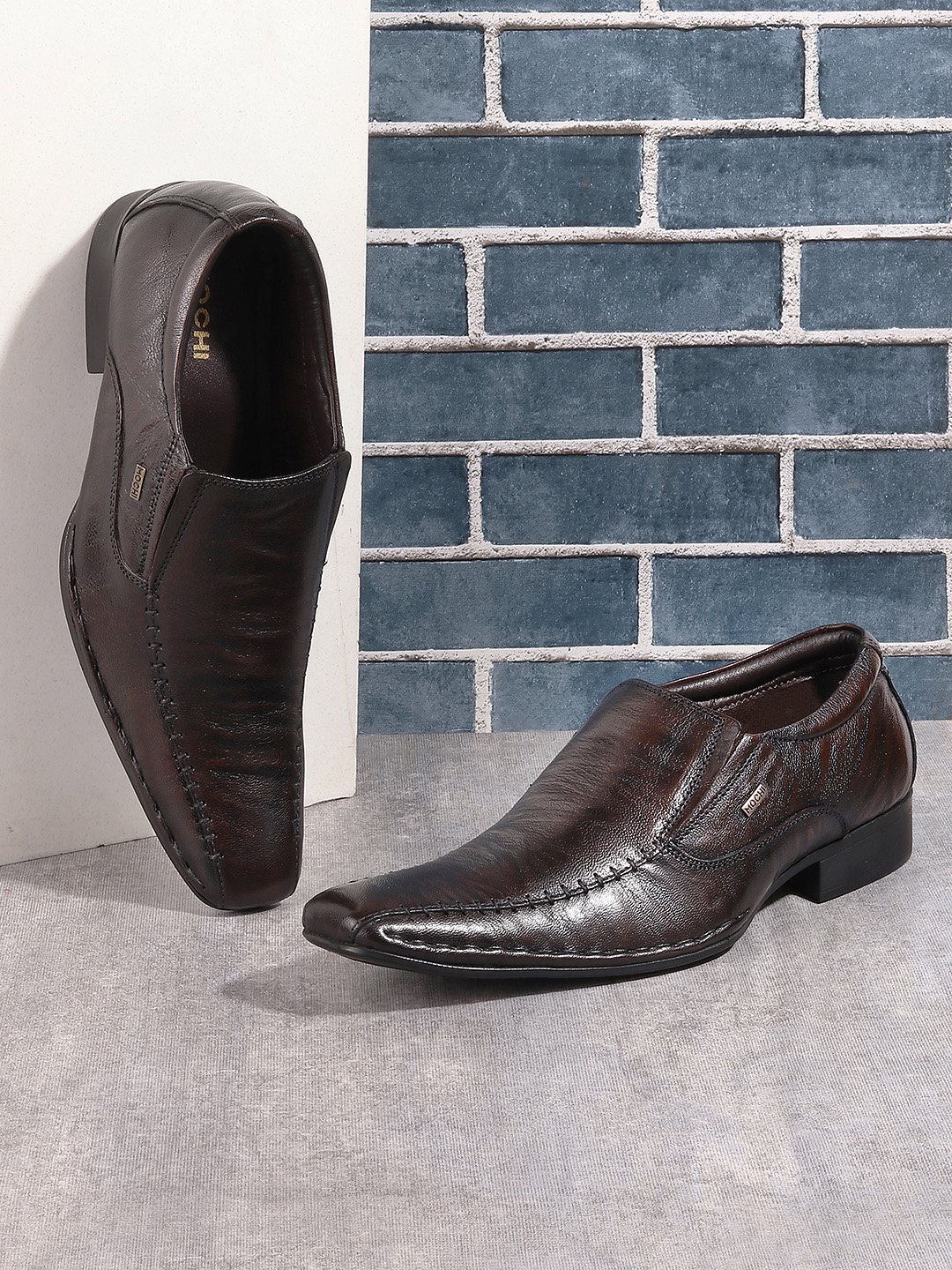 

Mochi Men Brown Solid Leather Formal Slip-On