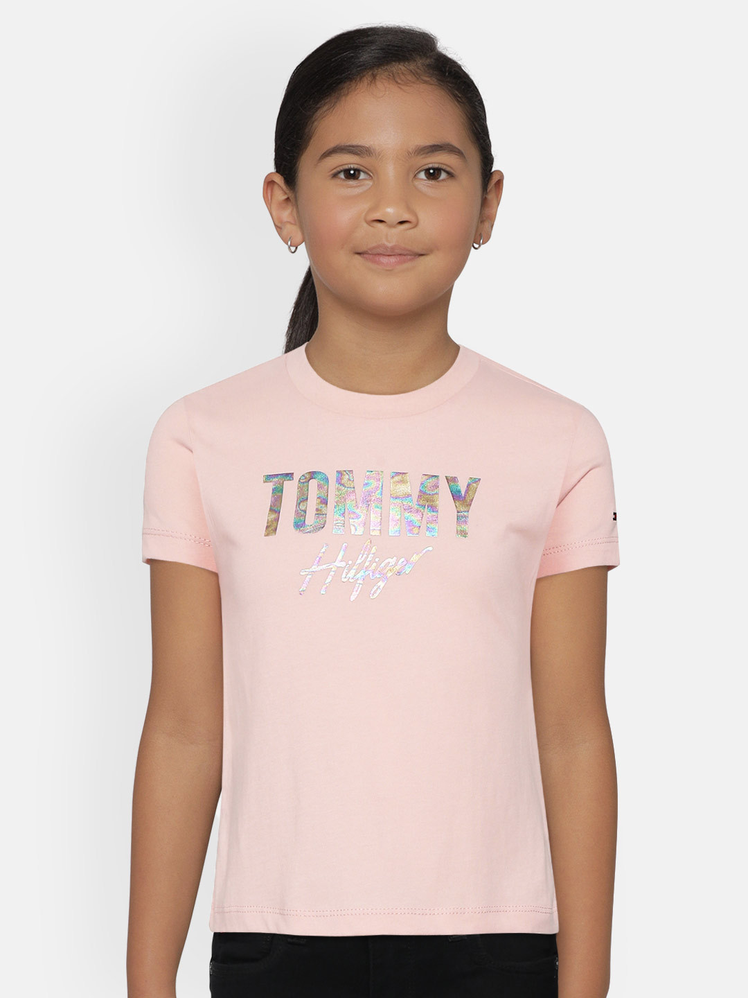 

Tommy Hilfiger Girls Pink Pure Cotton Brand Logo Printed Round Neck Pure Cotton T-shirt