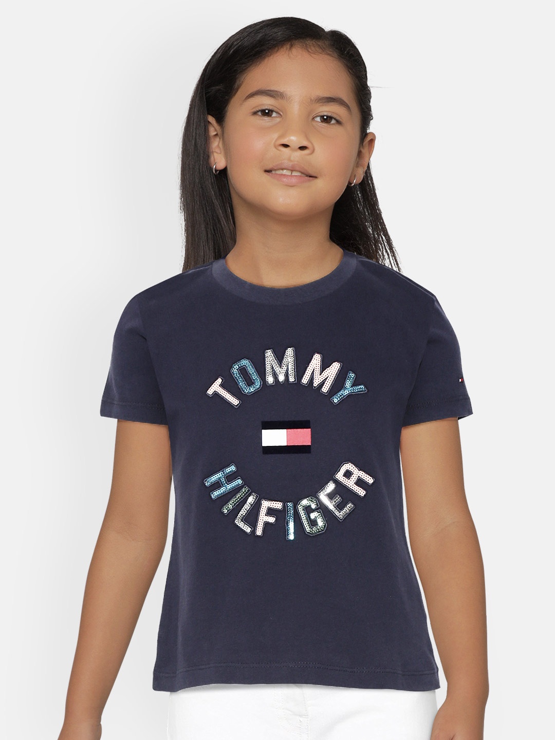 

Tommy Hilfiger Girls Navy Blue Brand Logo Embroidered Round Neck Pure Cotton T-shirt