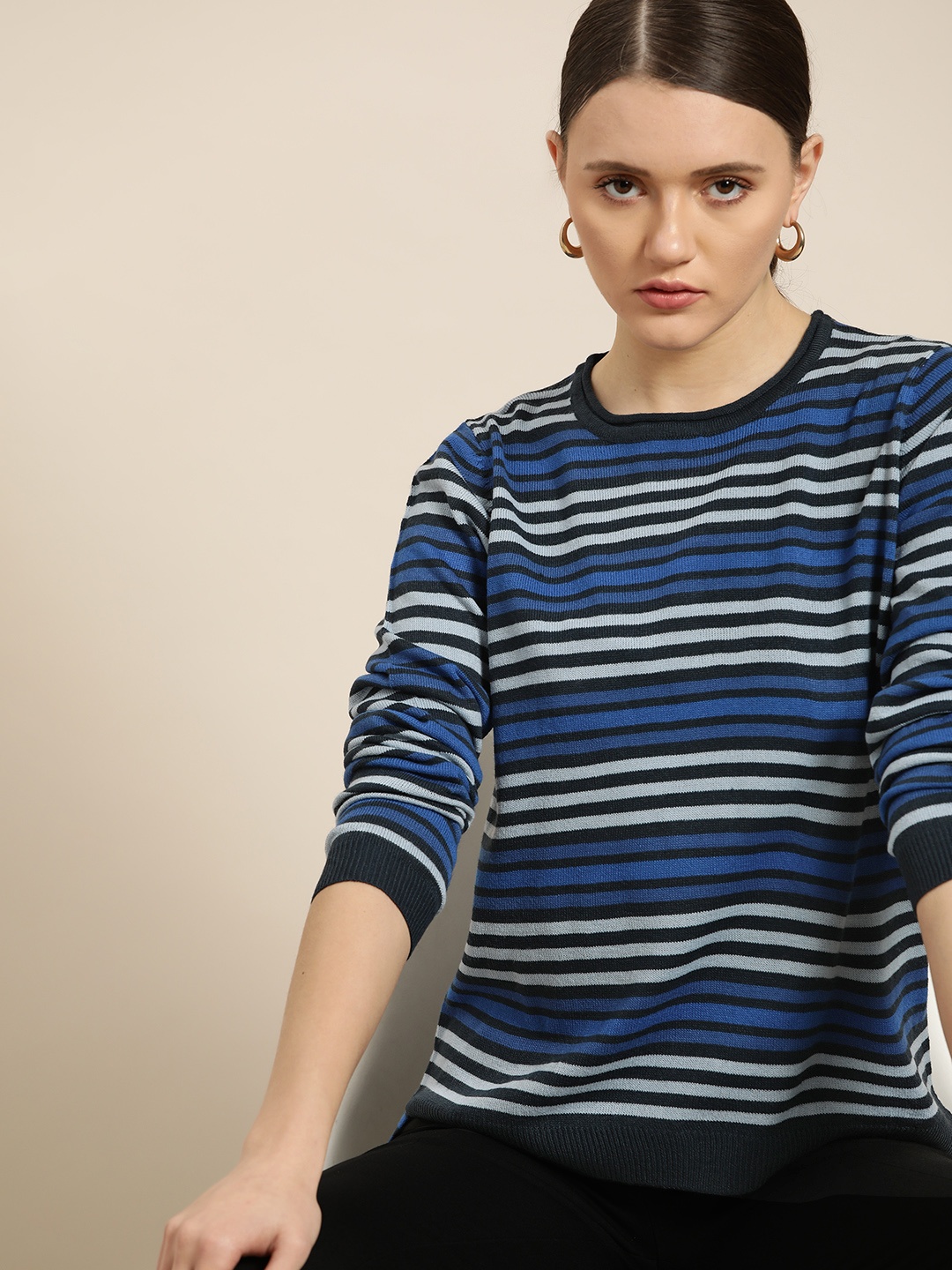 

her by invictus Women Blue & Charcoal Grey Striped Pullover