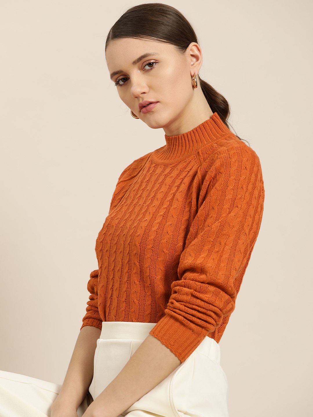 

her by invictus Women Rust Orange Cable Knit Pullover