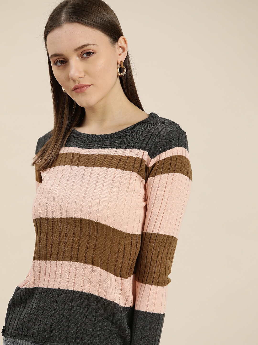 

her by invictus Women Peach-Coloured & Olive Brown Striped Pullover