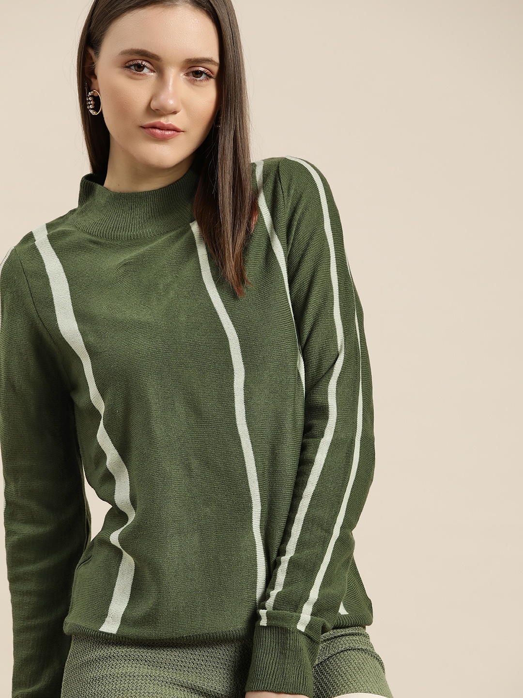 

her by invictus Women Green Striped Pullover