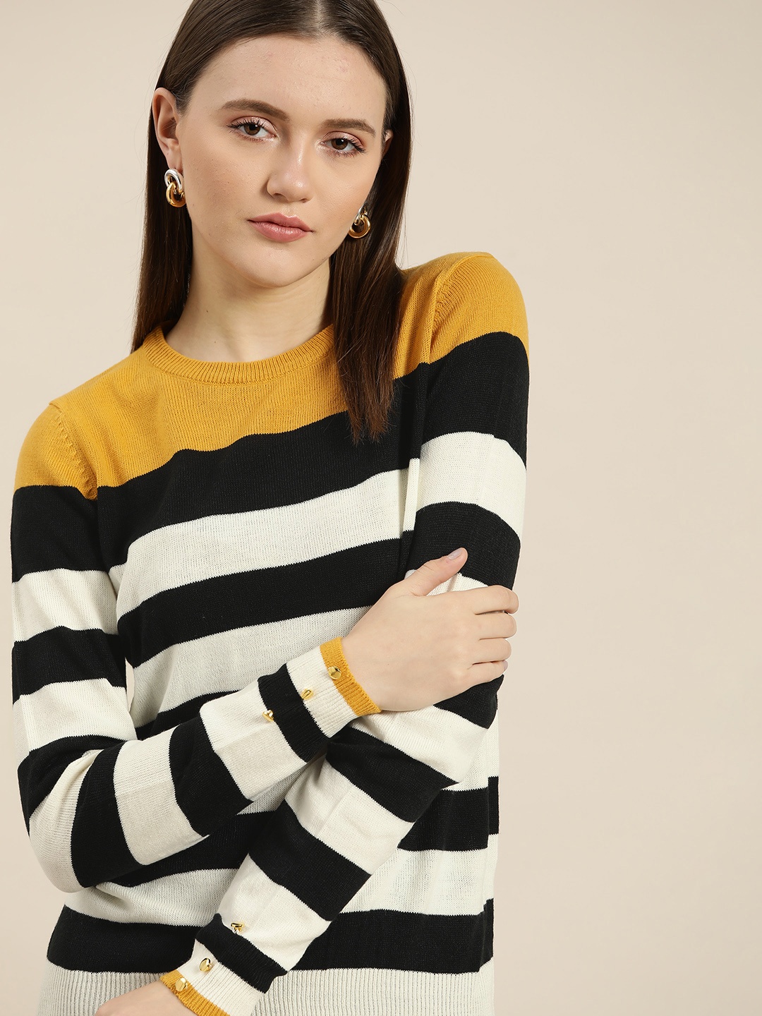 

her by invictus Women White & Black Striped Pullover