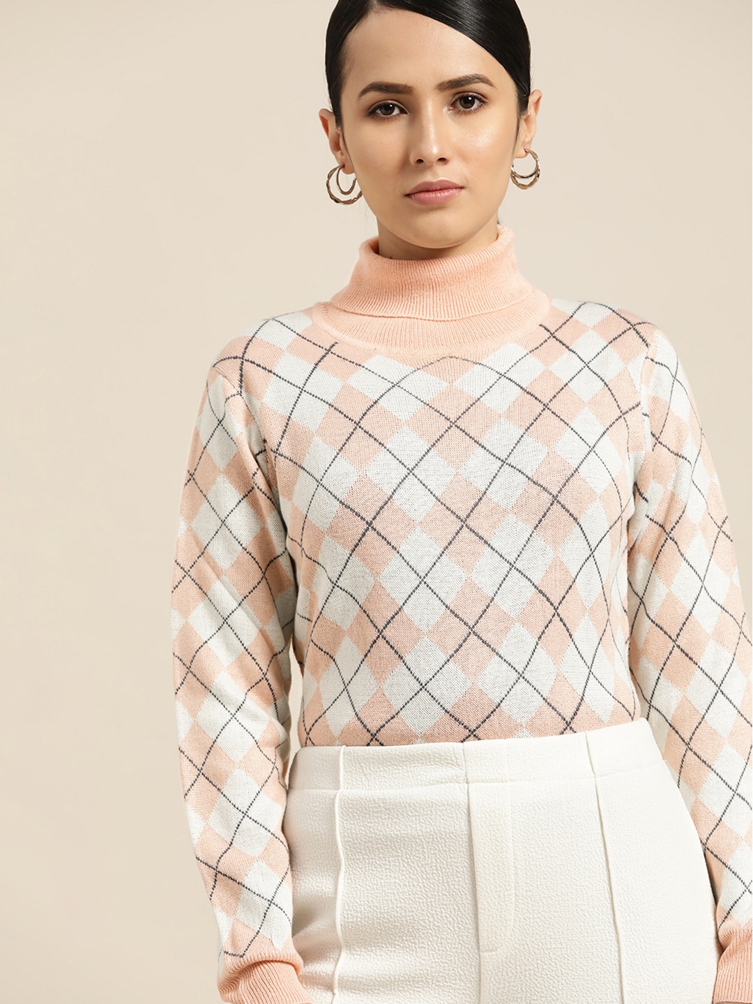 

her by invictus Women Peach-Coloured & White Argyle Checked Pullover