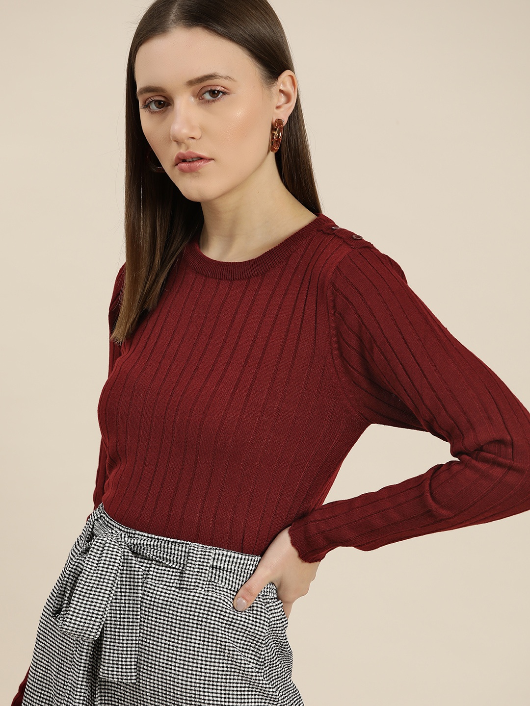 

her by invictus Women Maroon Ribbed Pullover