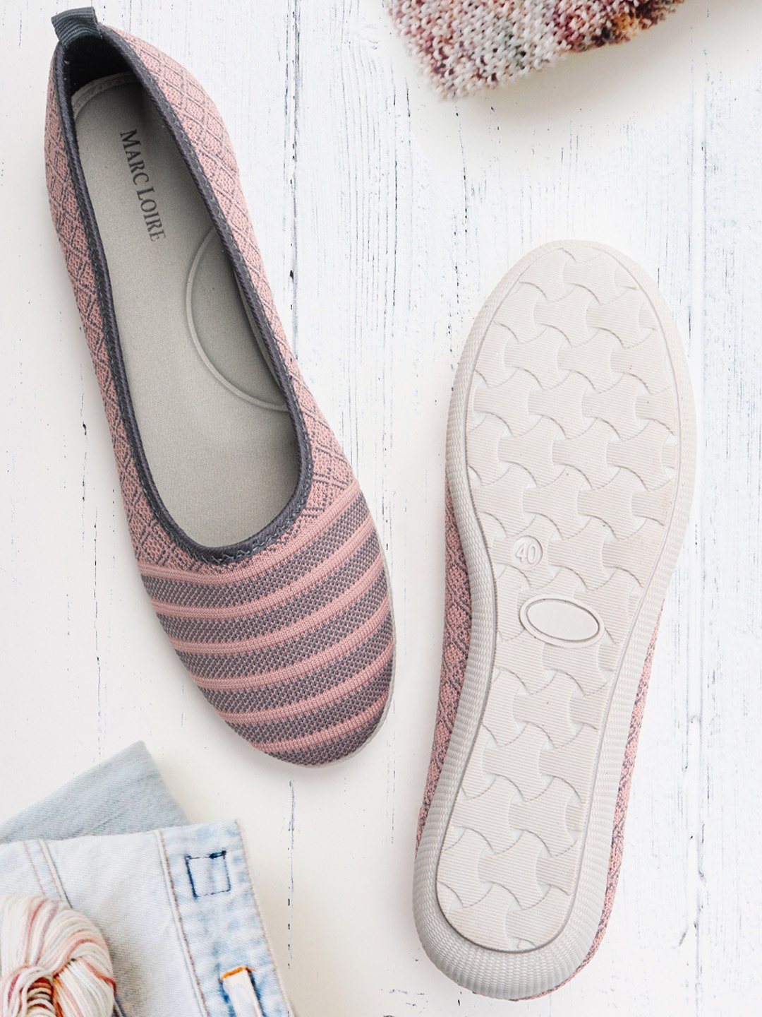 

Marc Loire Women Pink & Grey Woven Design Ballerinas with Striped Detail