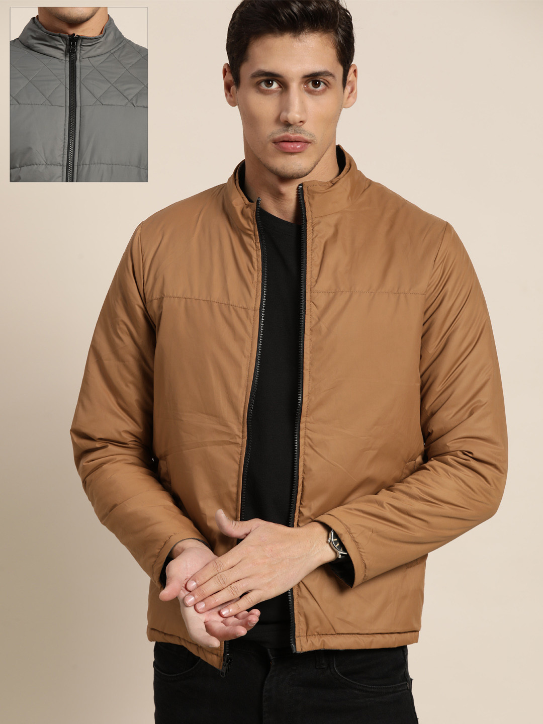 

INVICTUS Men Brown & Charcoal Grey Solid Reversible Padded Jacket
