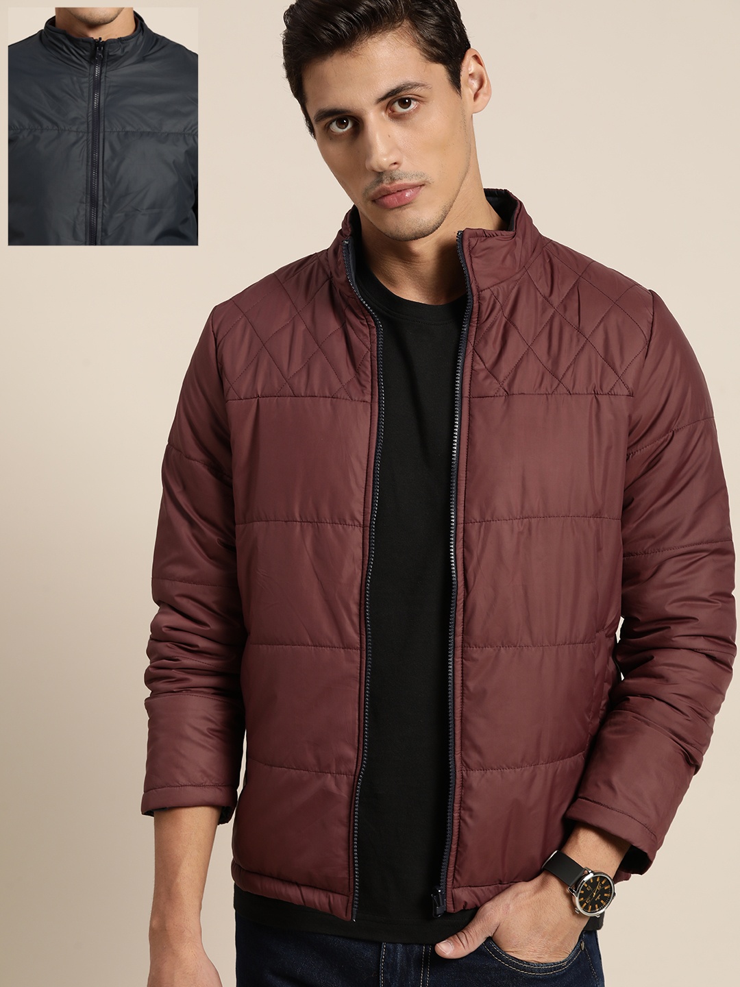 

INVICTUS Men Burgundy & Grey Reversible Padded Jacket