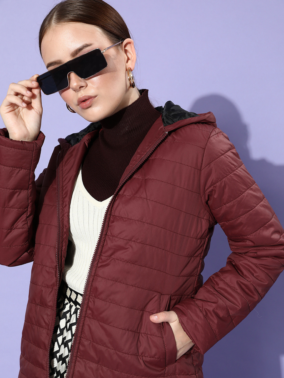 

her by invictus Women Maroon Solid Hooded Padded Jacket
