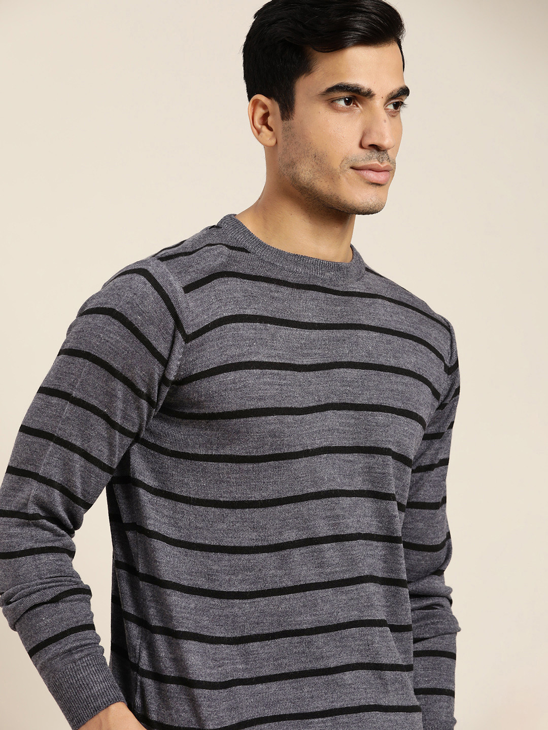 

INVICTUS Men Charcoal Grey & Black Striped Pullover