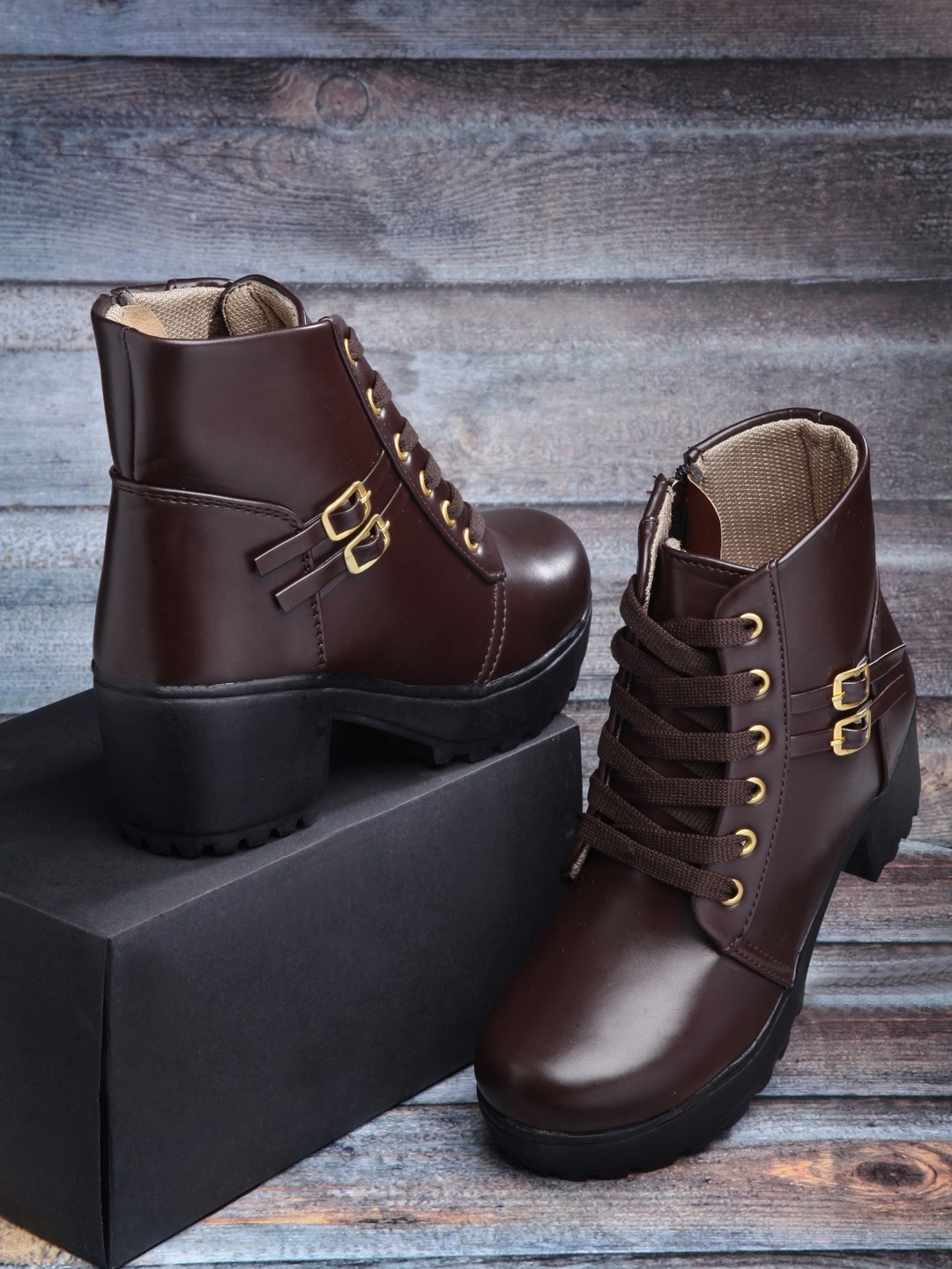 

DEAS Women Brown Textured Heeled Boots