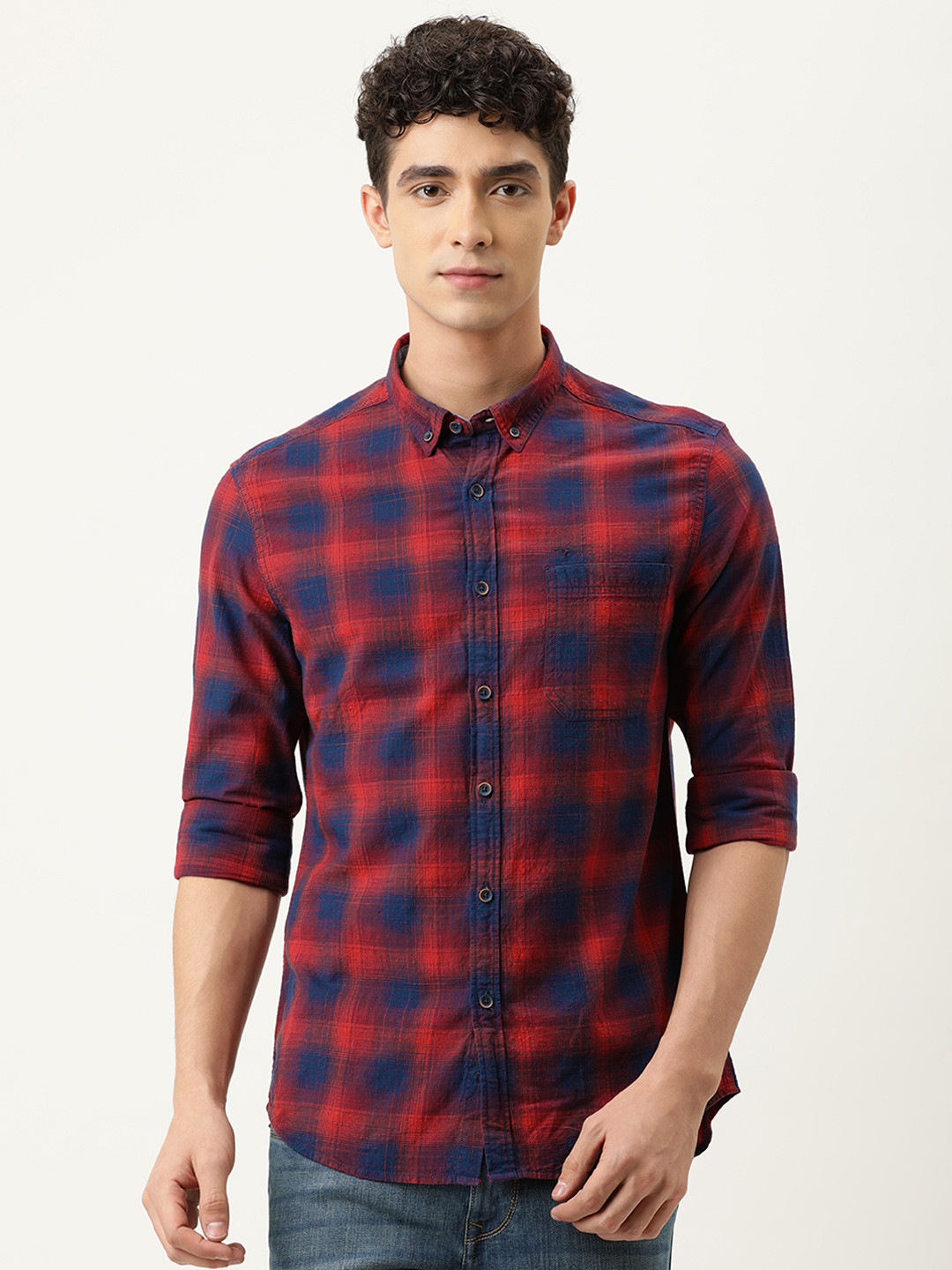 

Flying Machine Men Red & Blue Checked Slim Fit Casual Shirt