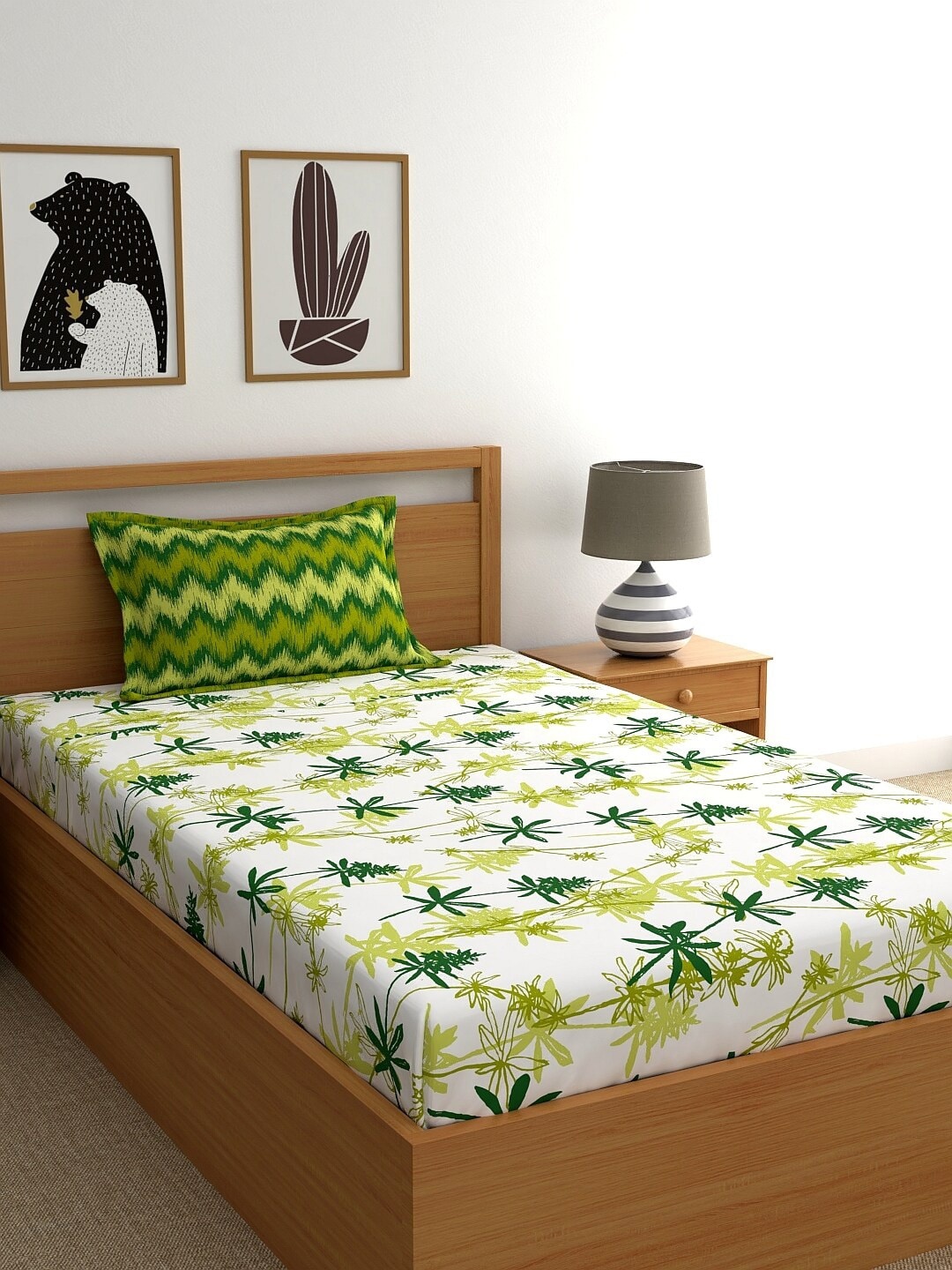 

Home Ecstasy White & Green Floral 140 TC Cotton 1 Single Bedsheet with 1 Pillow Covers