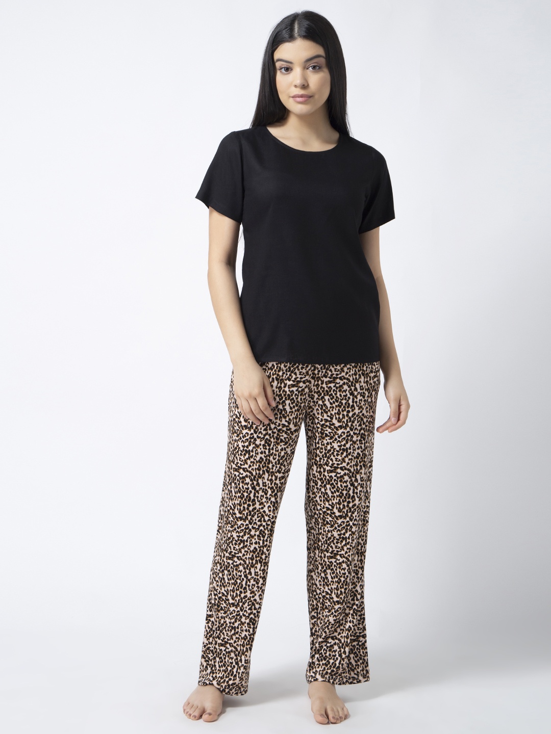 

ADORENITE Women Black Animal Printed Soft pyjama Set