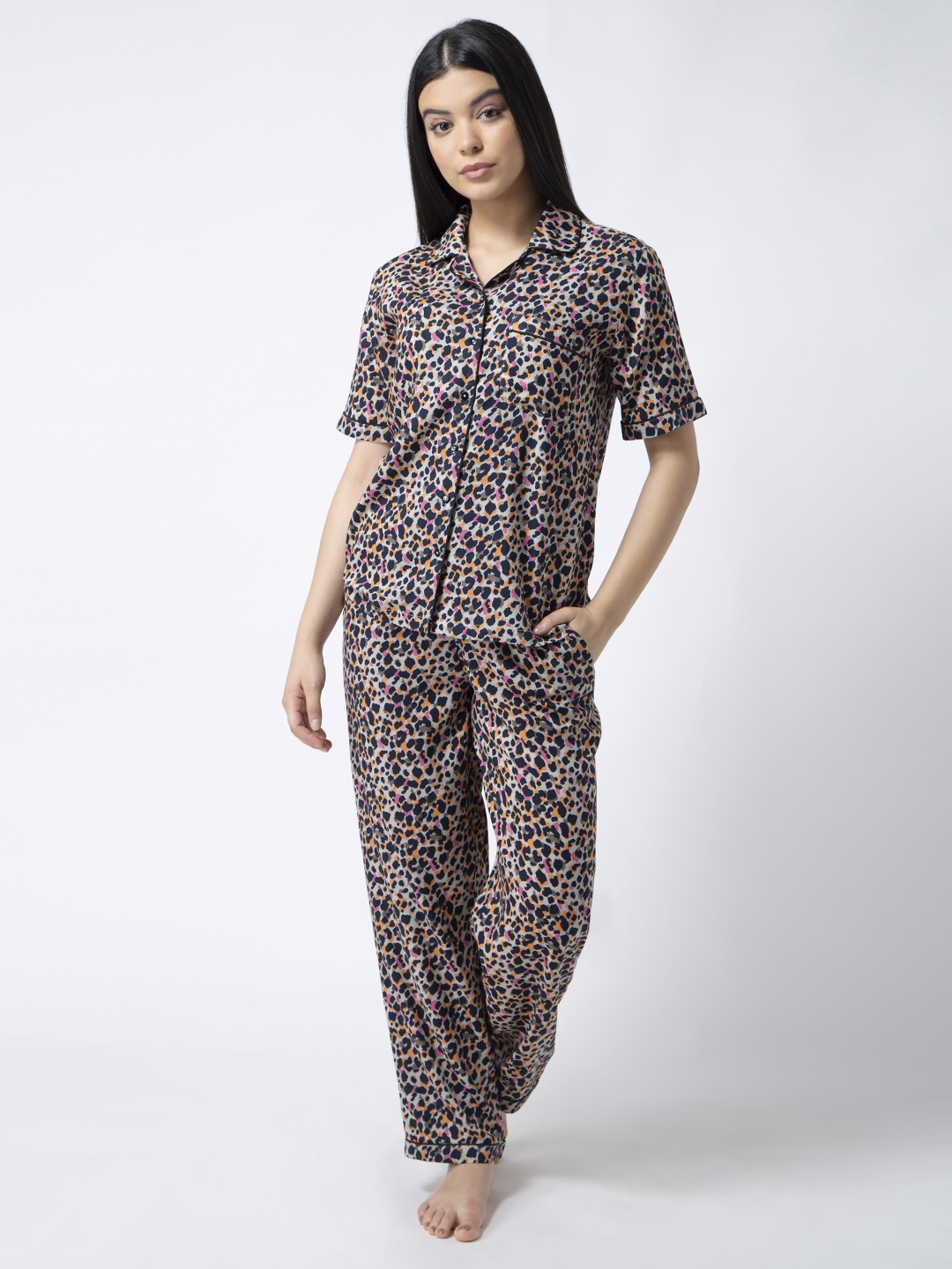 

ADORENITE Women Brown & Blue Printed Night suit