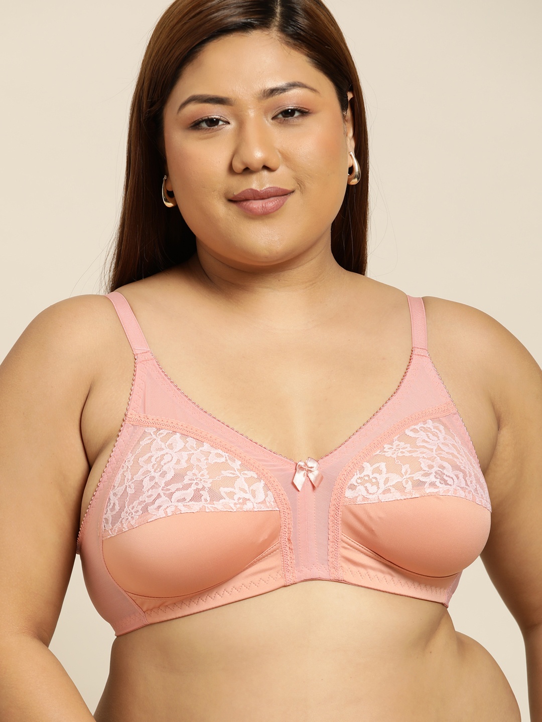 

Sztori Plus Size Peach-Coloured Floral Lace Everyday Bra