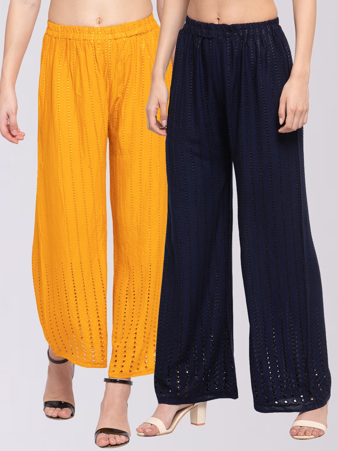 

KLOTTHE Women Yellow & Navy Blue Embroidered Wide Leg Palazzos