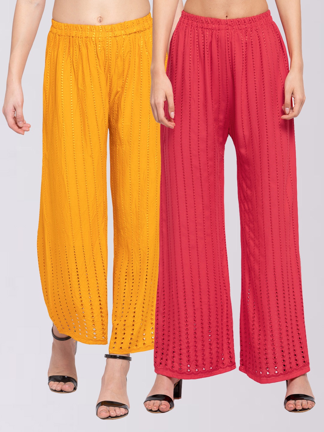 

KLOTTHE Women Pack of 2 Embroidered Wide Leg Palazzos, Yellow