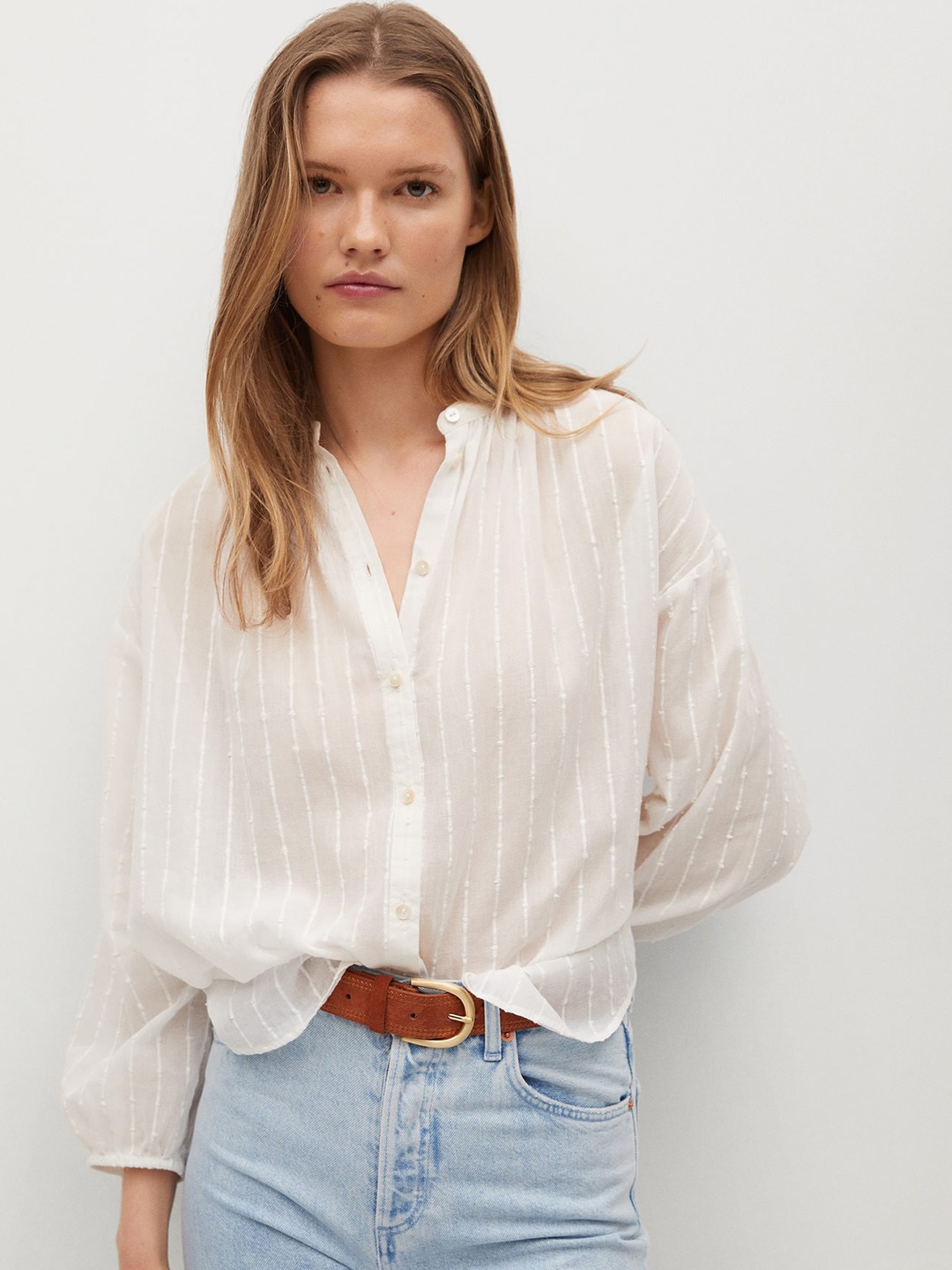 

MANGO Off-White Self-Striped Mandarin Collar Pure Cotton Shirt Style Top