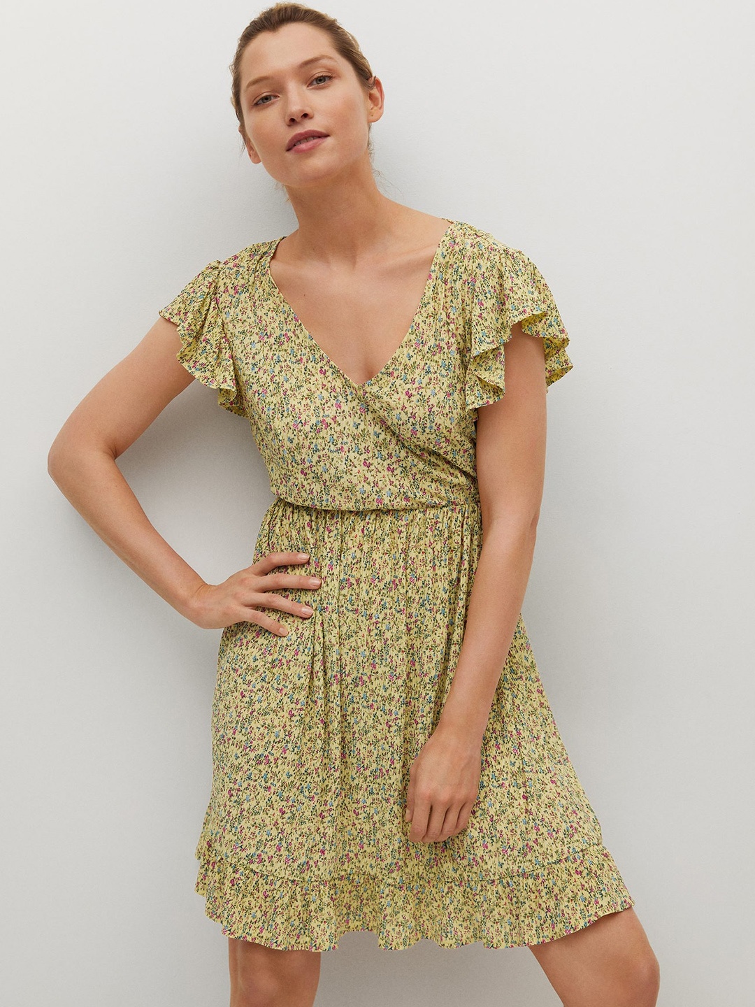 

MANGO Yellow & Green Floral Printed A-Line Dress