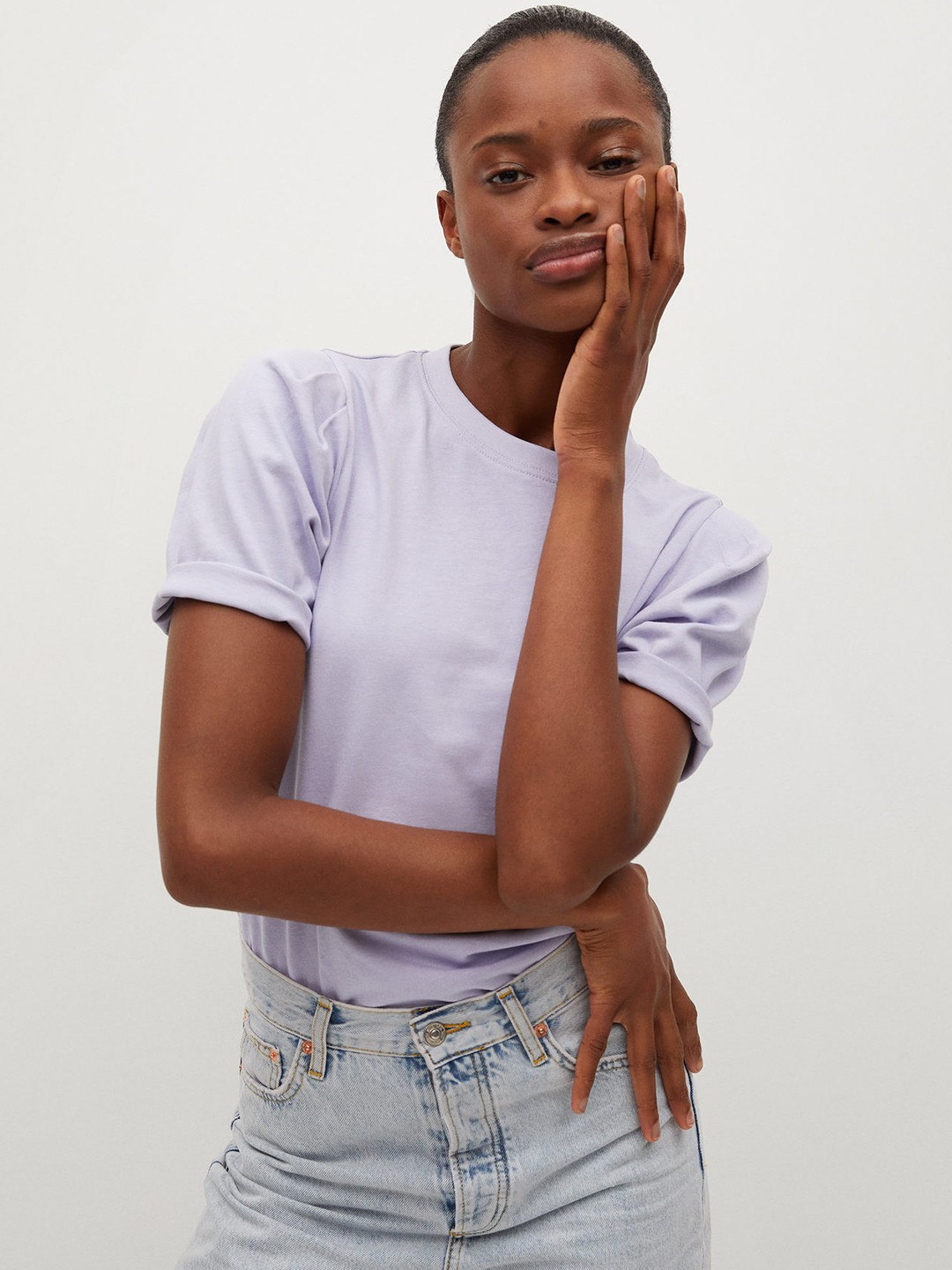 

MANGO Women Lavender Sustainable Cotton Puff Sleeves T-shirt