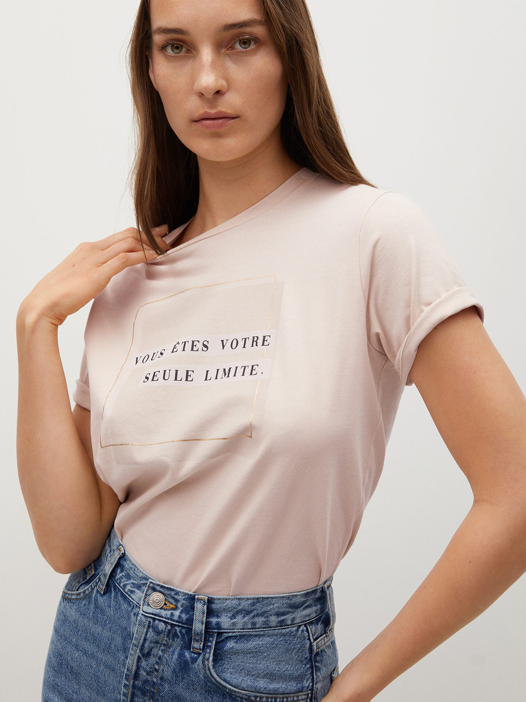 

MANGO Women Beige Black Typography Print Organic Cotton T-shirt