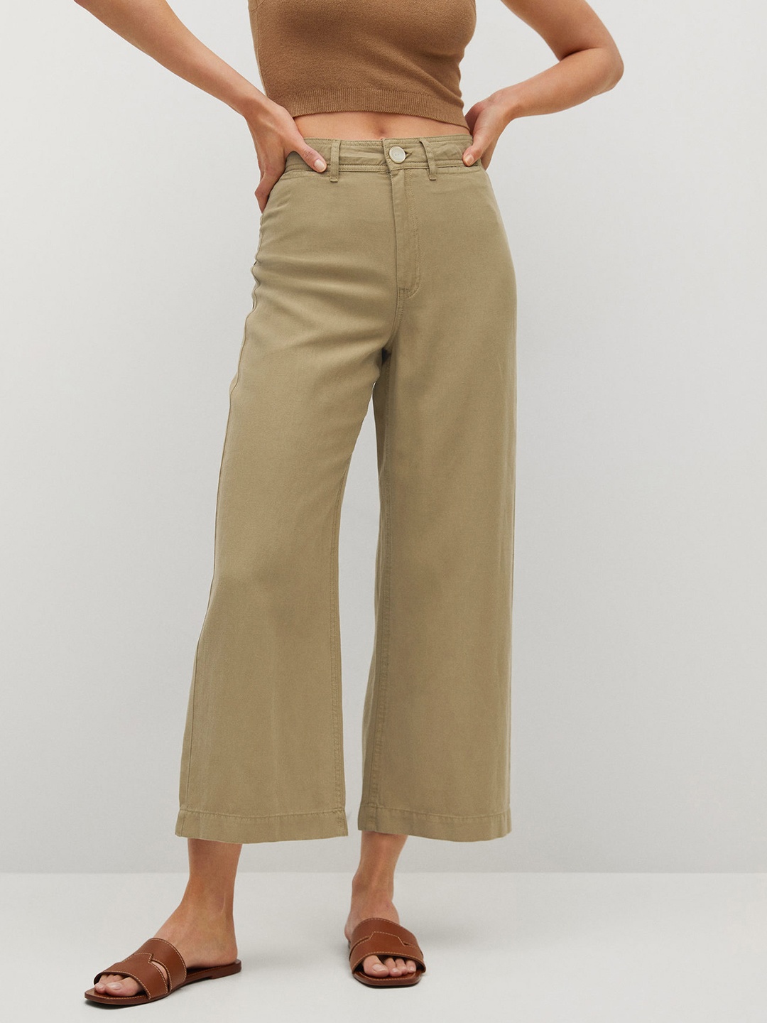 

MANGO Women Khaki High-Rise Parallel Trousers