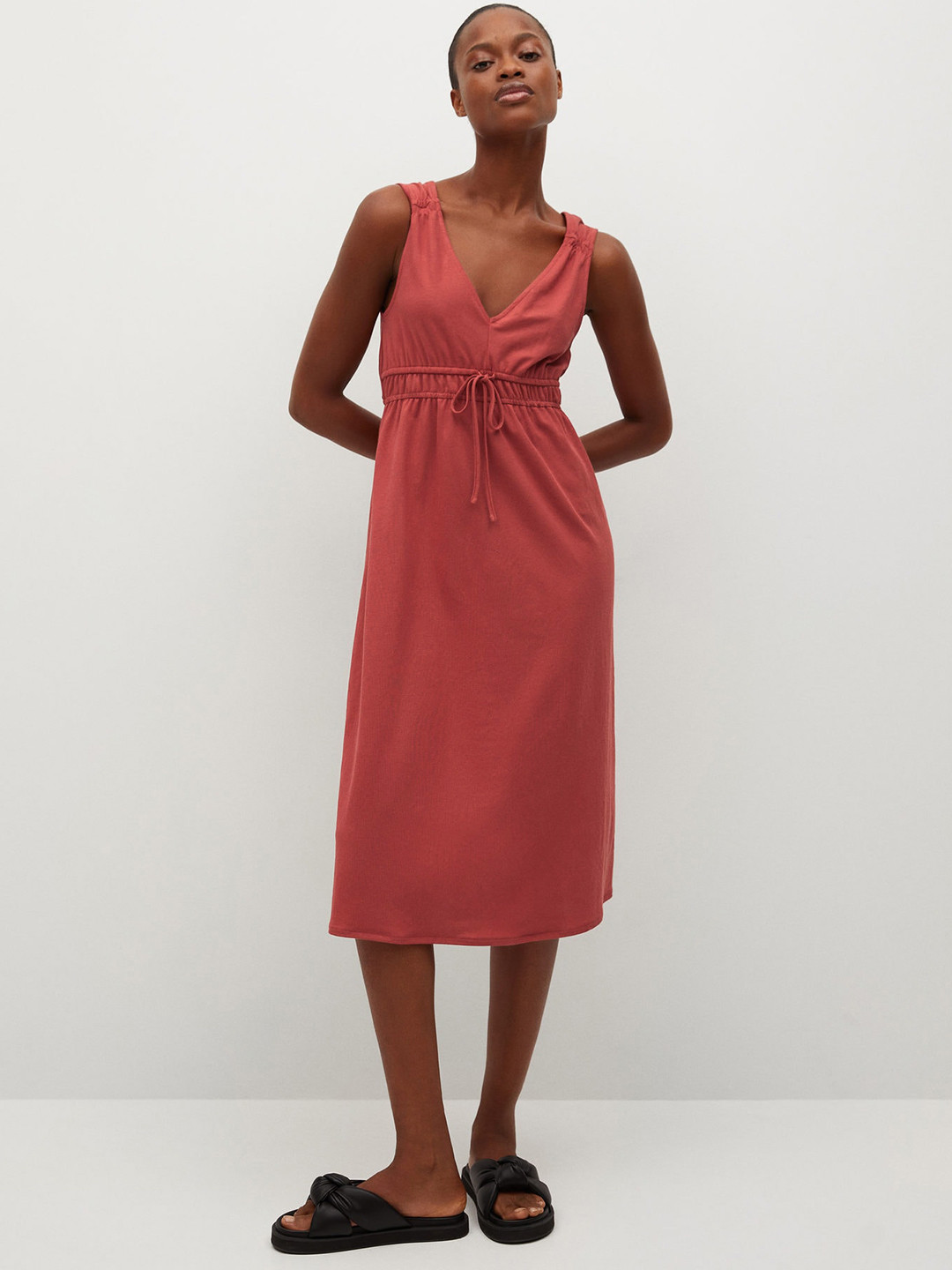 

MANGO Red Solid A-Line Midi Dress
