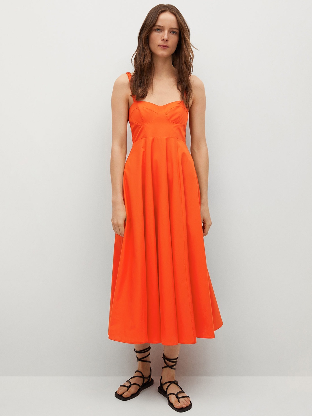 

MANGO Orange Shoulder Straps Panelled Midi Dress