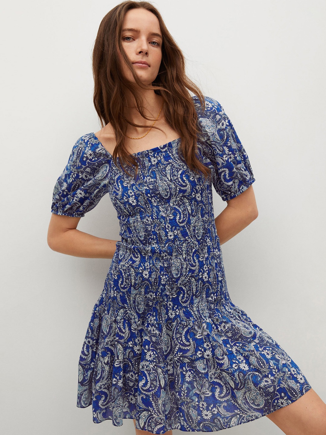 

MANGO Blue & White Ethnic Motifs Print Smocked Pure Cotton Waisted A-Line Dress