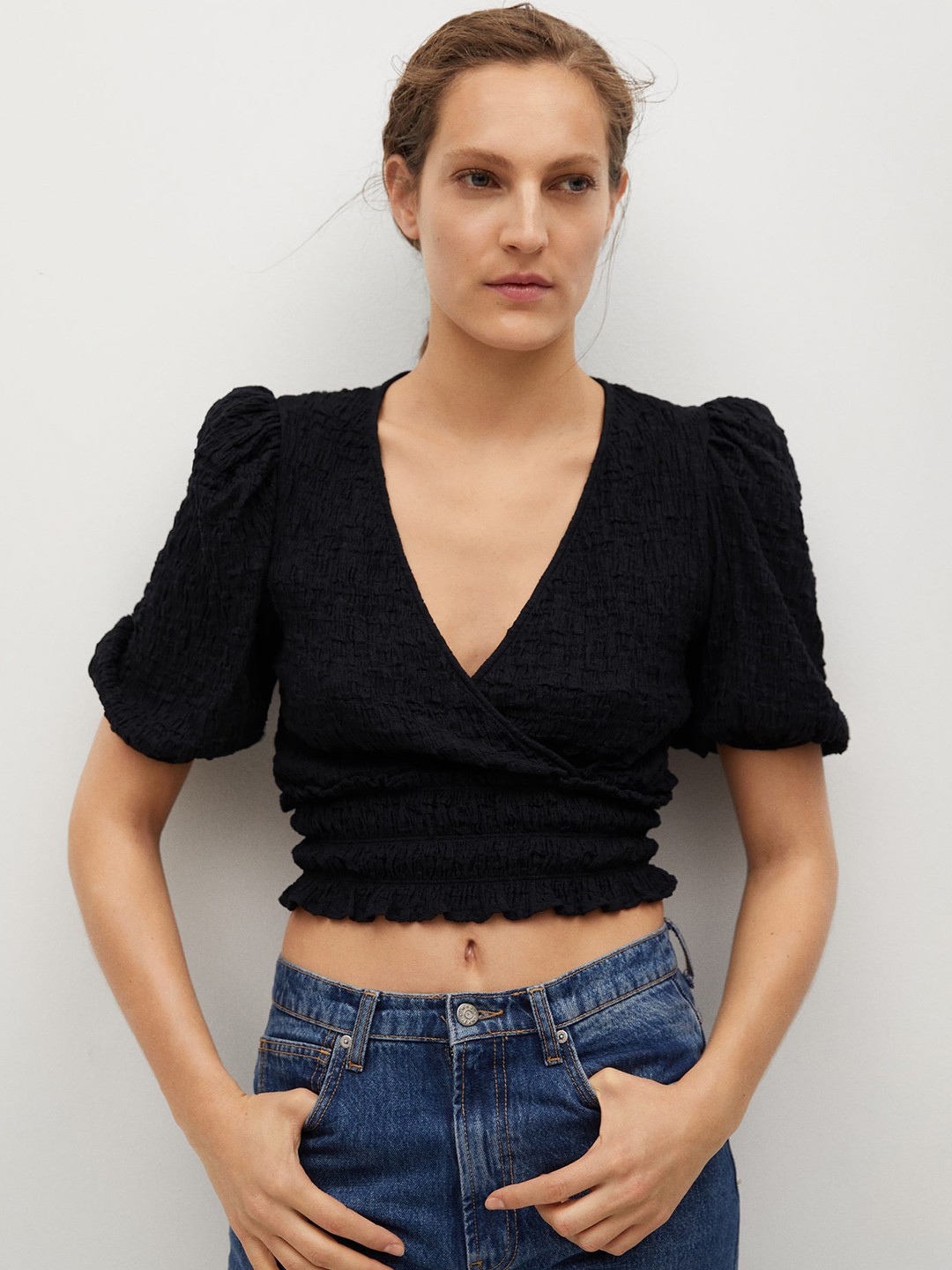 

MANGO Black Solid Smocking Sustainable Wrap Top
